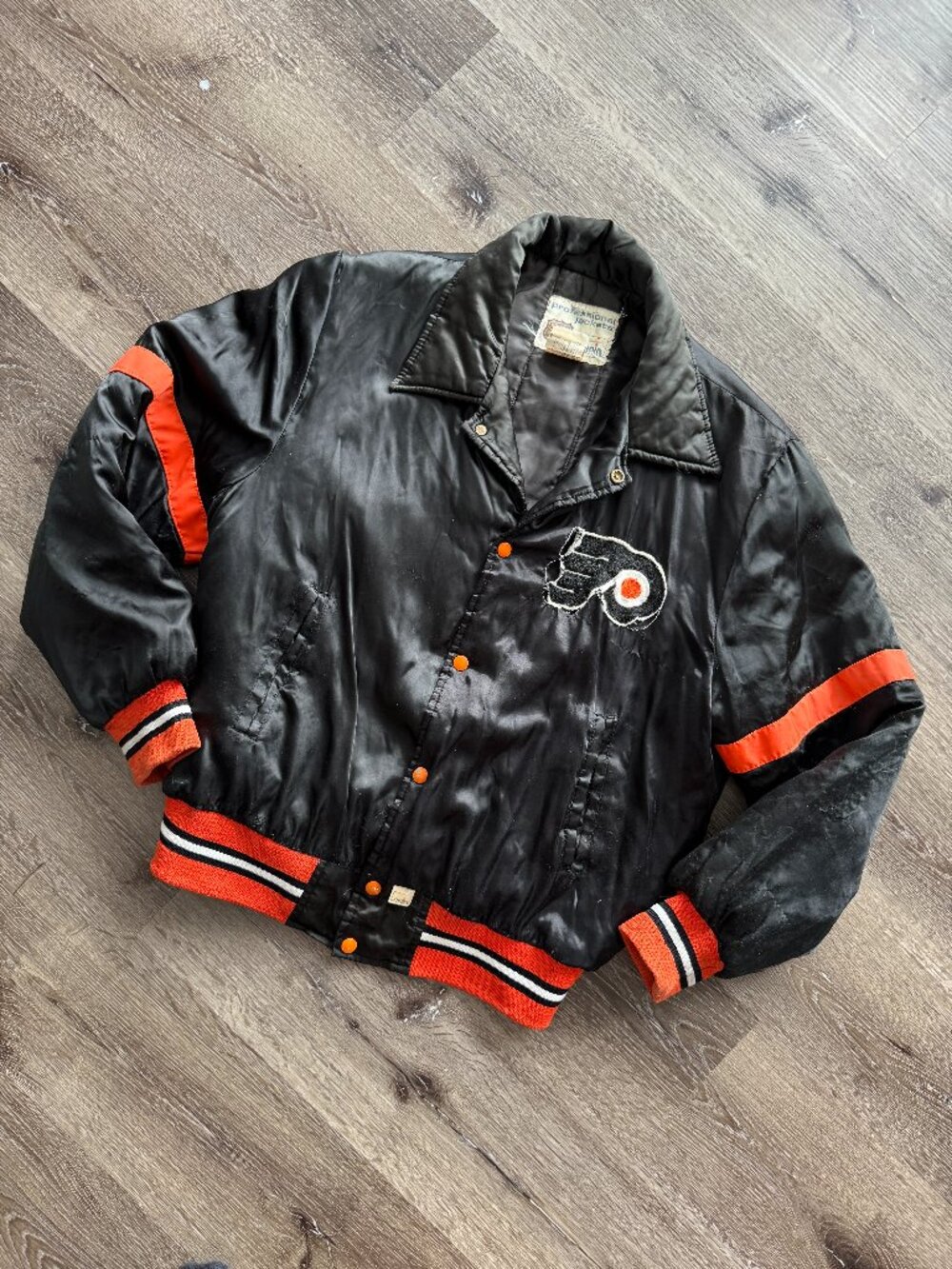 Vintage 1980s Philadelphia Flyers Jacket | Black Satin Varsity Bomber Shain S